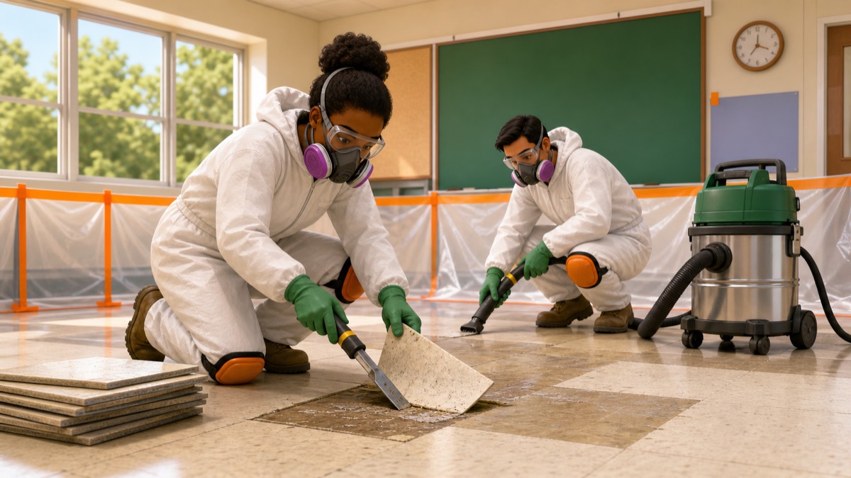 Abatement crew in protective suits removing floor tile with a HEPA vacuum inside a sealed work area