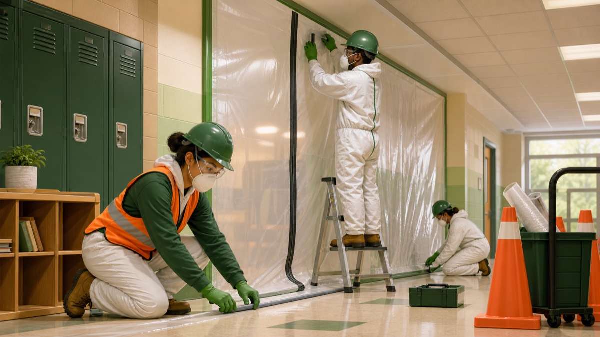 Crew setting containment and protective coverings before surface work begins