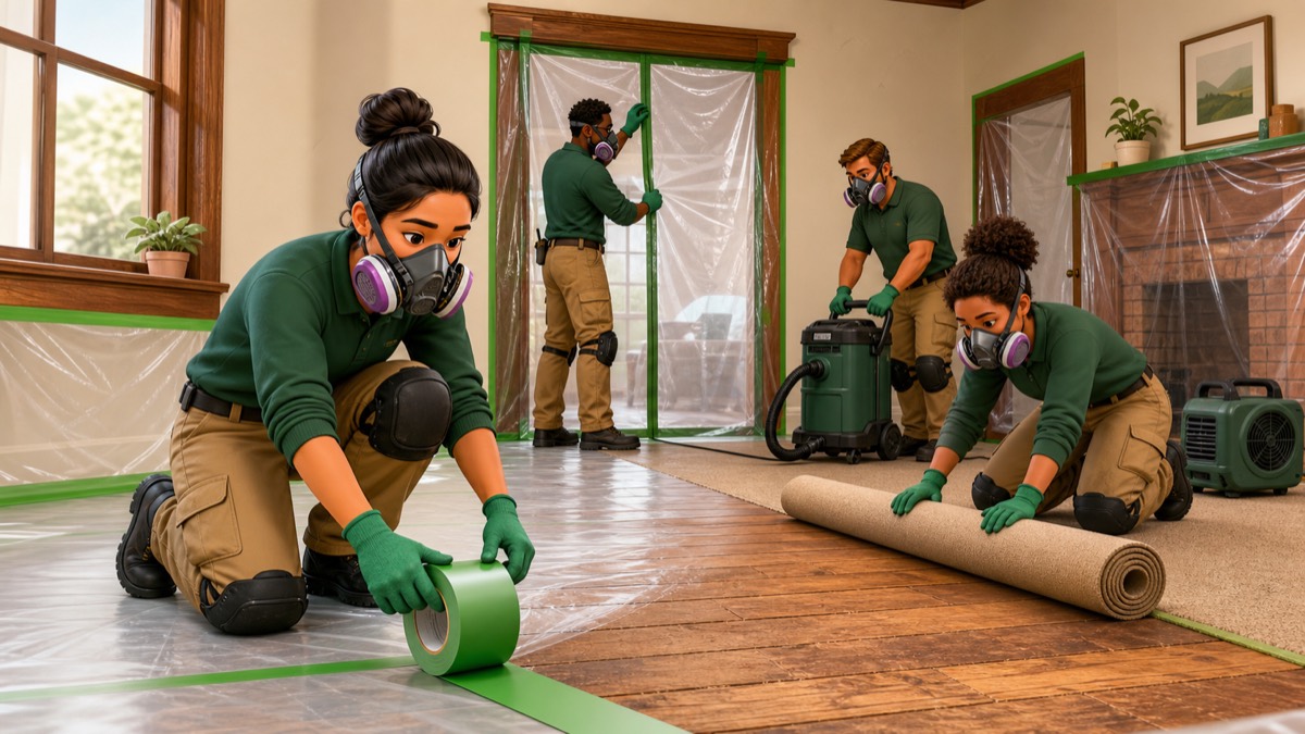 Technicians removing water-damaged floor covering with air movers running