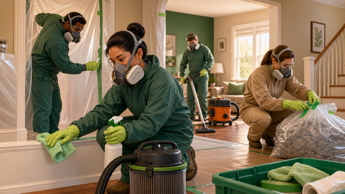 Technician cleaning affected surfaces and bagging debris behind containment sheeting