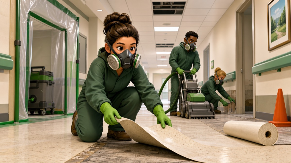 Technicians pulling up damaged flooring to expose and clear the substrate below